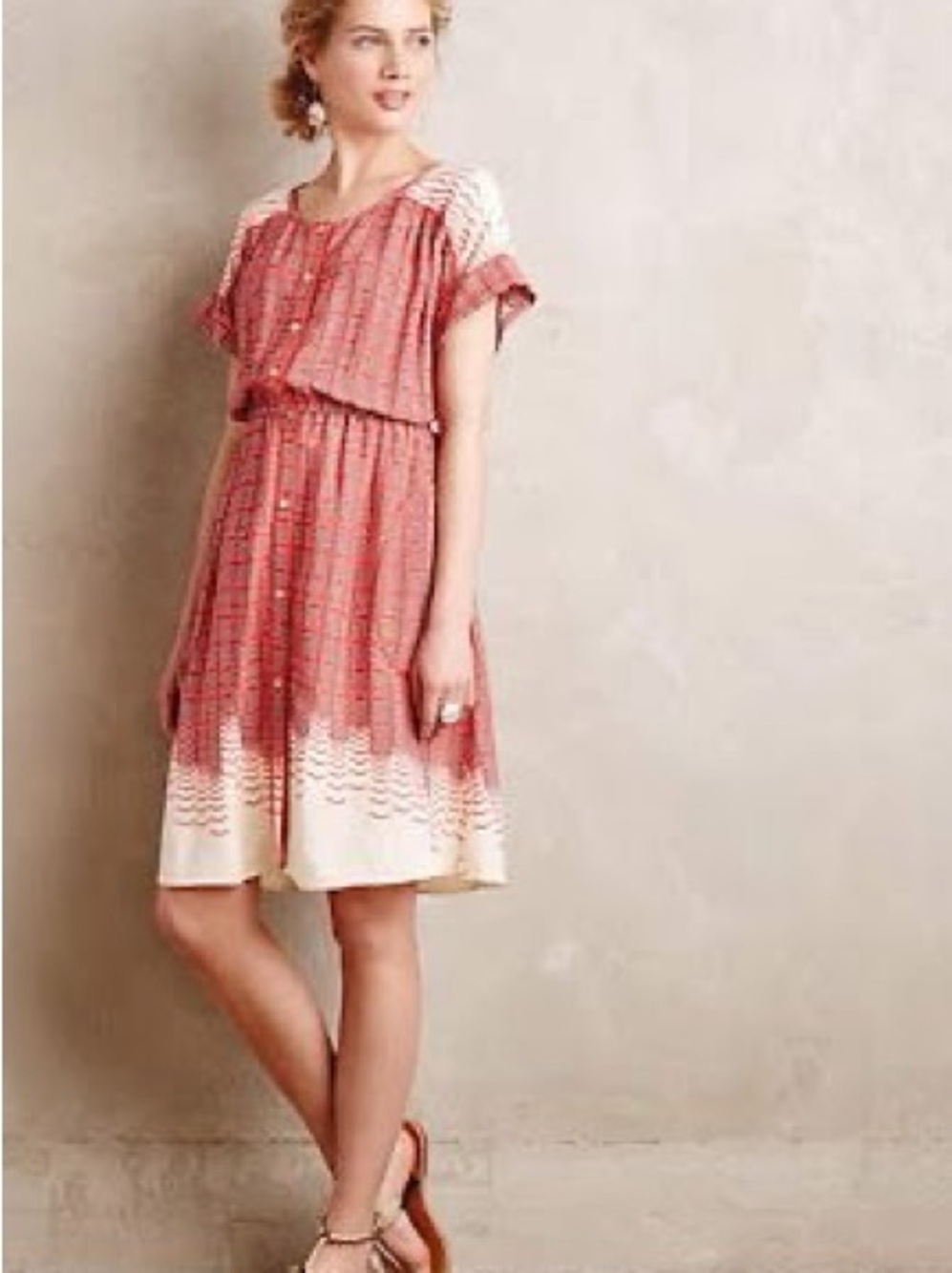 Anthropologie Red and Cream Button-Front Midi Dress